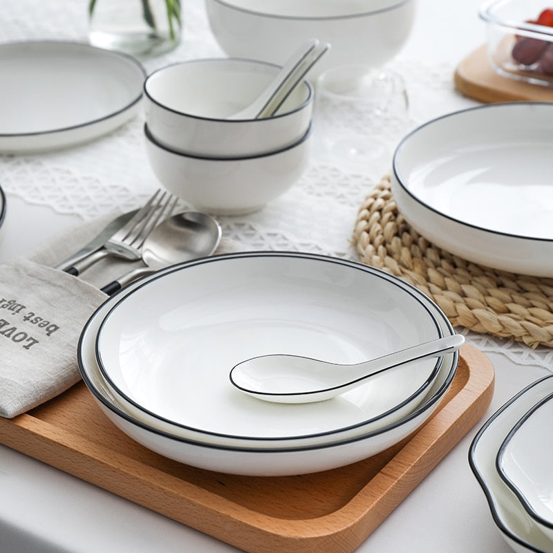 White With Black Edge Ceramic Tableware