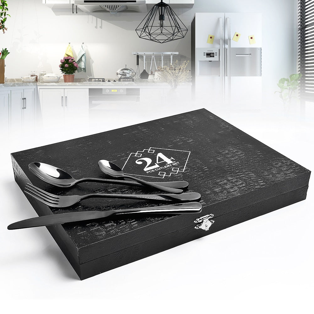 24 Piece Black Metallic Cutlery