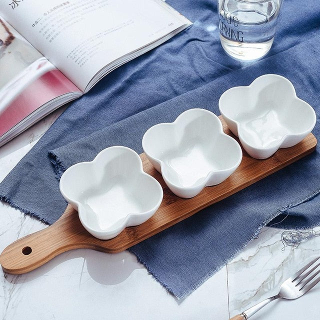 3 Piece Snack Bowl with Wooden Serving Tray