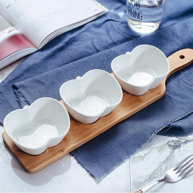 3 Piece Snack Bowl with Wooden Serving Tray